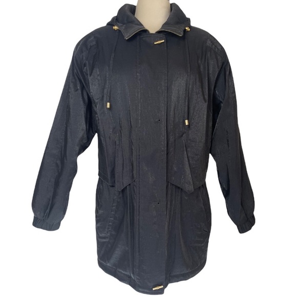 Black Hooded Jacket Warm Medium Weight Dressy Jacket Shimmer Black Fabric